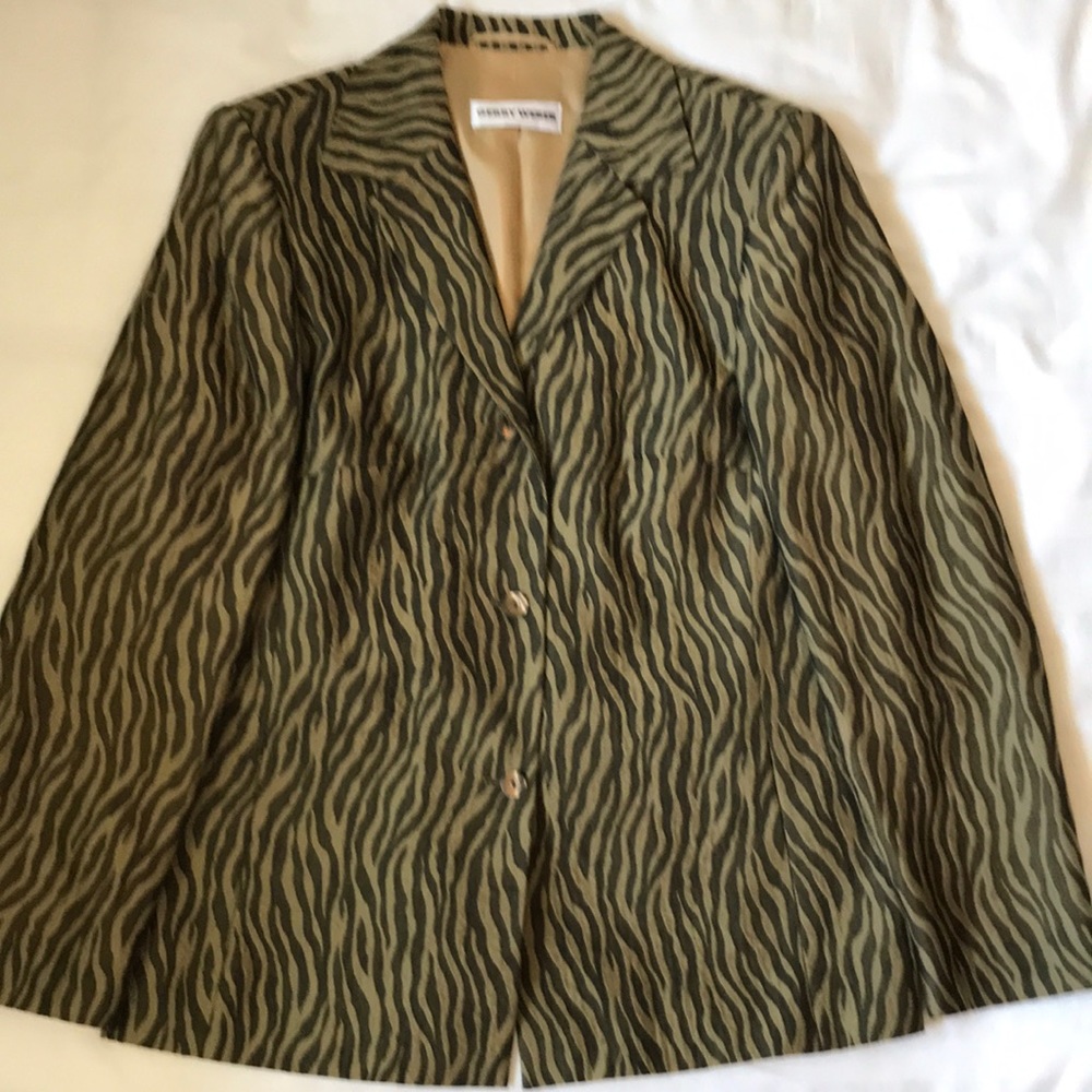 Gerry Weber vintage woodcut print tissue weight lined sage/brown jacket EUC